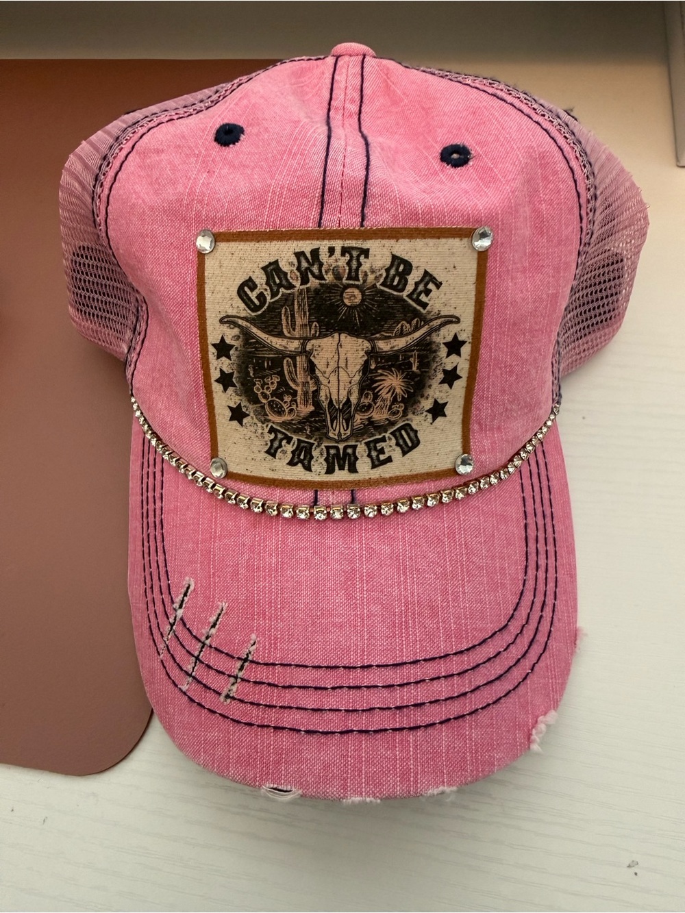 NEW Pink Can’t Be Tamed Western Cowgirl Distressed Rhinestone Crystal Cap Hat